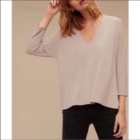 Aritzia Wilfred Free Aneta V-Neck Top Maroon Burgundy Loose Boxy Fit - Picture 2 of 15